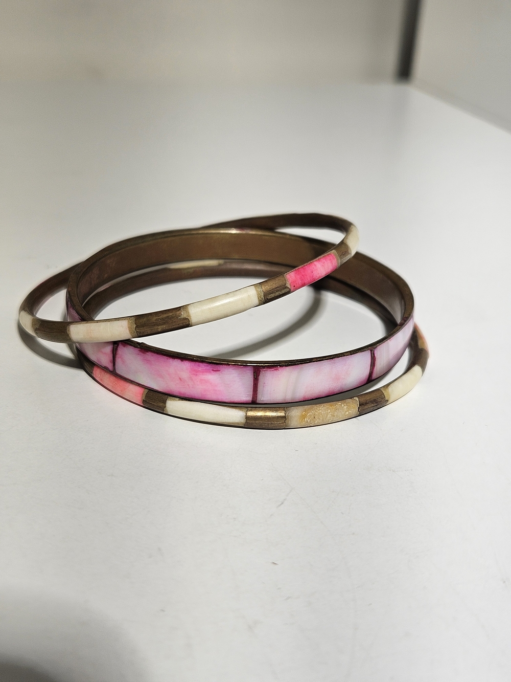 Pink and Cream Inlay Bangle Bracelets